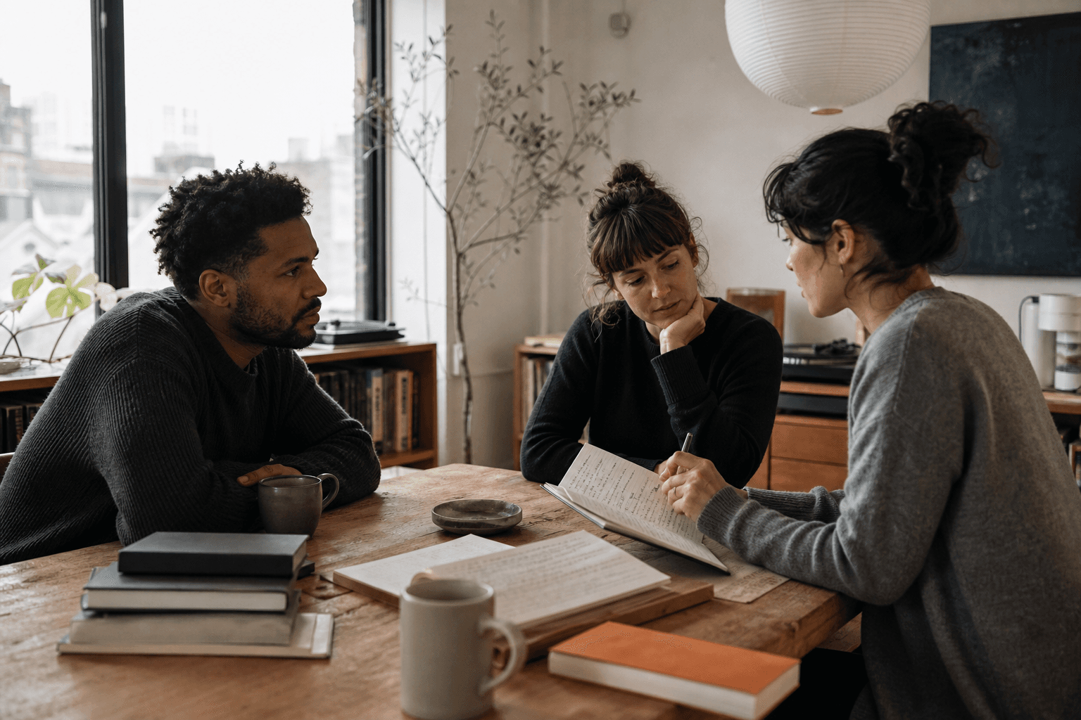 Three adults learning through conversation around a table