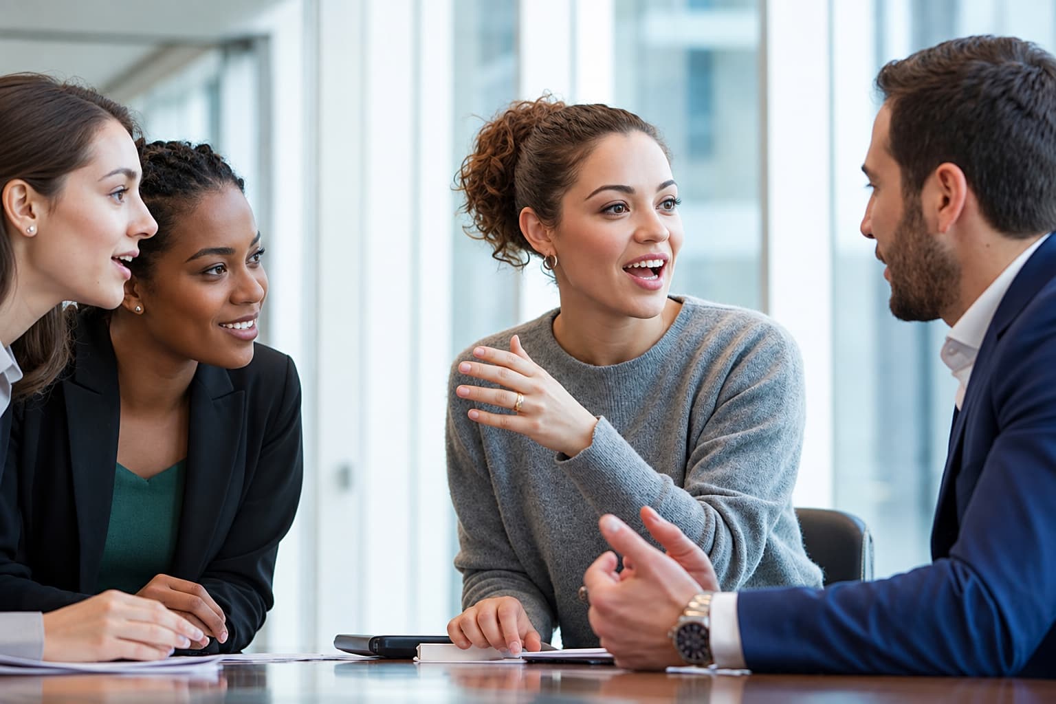 Three adults working through ideas together around a table